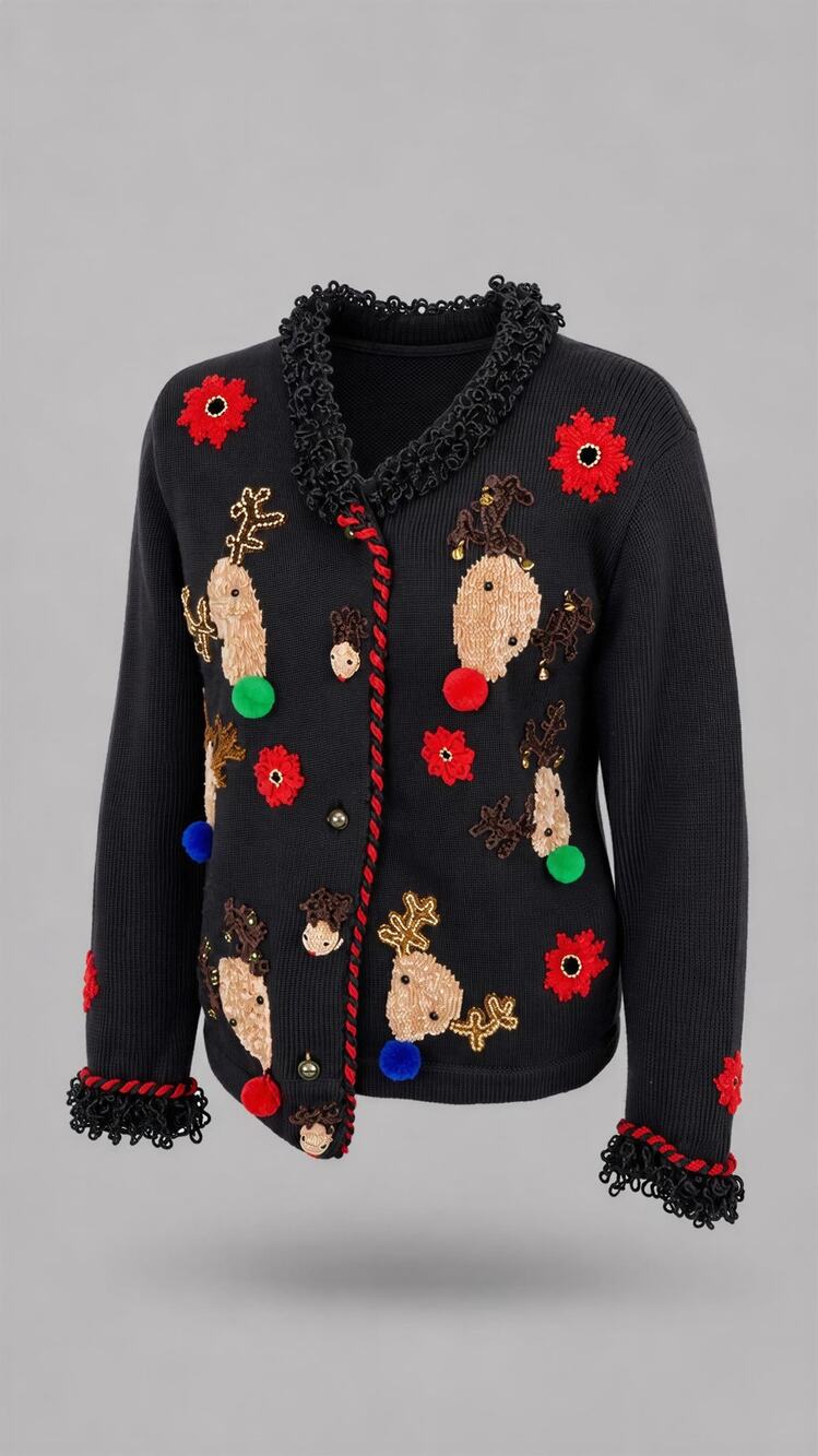 Jack B. Quick Cardigan Sweater Womens Petite Small Black Reindeer Christmas